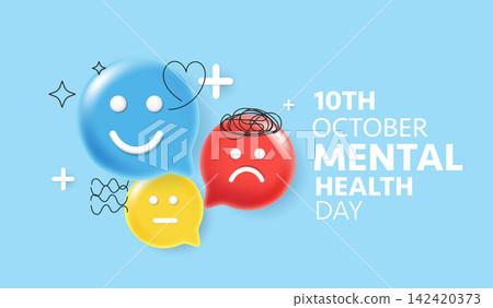 World Mental Health Day 10th October banner with 3D happy, sad, and neutral speech bubbles representing mood swings, bipolar disorder, psychology, and emotional well-being awareness background. World Mental Health Day 10th October banner with 3D happy, sad, and neutral speech bubbles representing mood swings, bipolar disorder, psychology, and emotional well-being awareness background. 142420373