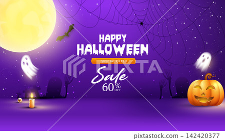 Happy Halloween sale banner special offer 60% off with glowing pumpkin, full moon, flying bat, ghosts, spider web and graveyard silhouettes on purple background. Vector illustration template. Happy Halloween sale banner special offer 60% off with glowing pumpkin, full moon, flying bat, ghosts, spider web and graveyard silhouettes on purple background. Vector illustration template. 142420377