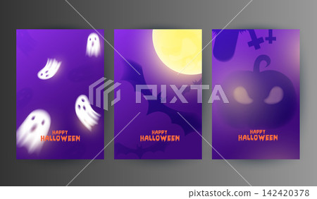 Happy Halloween poster template set with spooky blurred glowing ghosts, flying bats under full moon, scary pumpkin cemetery silhouettes on purple gradient background. Vector illustration banner. Happy Halloween poster template set with spooky blurred glowing ghosts, flying bats under full moon, scary pumpkin cemetery silhouettes on purple gradient background. Vector illustration banner. 142420378