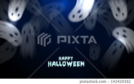 Happy Halloween banner template with spooky blurred glowing white ghosts on dark blue background. Vector illustration for party invitation, greeting card, flyer, poster, and festive holiday design. 142420382