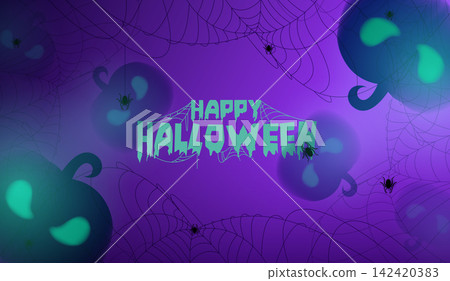 Happy Halloween banner template with spooky blurred glowing pumpkins, spider webs, and creepy spiders on purple background. Vector illustration for party invitation, flyer, poster, and greeting card. Happy Halloween banner template with spooky blurred glowing pumpkins, spider webs, and creepy spiders on purple background. Vector illustration for party invitation, flyer, poster, and greeting card. 142420383