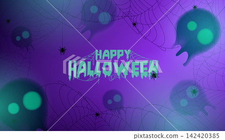 Happy Halloween banner template with spooky blurred glowing skull ghosts, spider webs, and creepy spiders on purple background. Vector illustration for party invitation design. 142420385