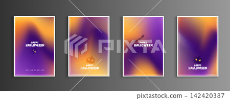 Happy Halloween poster template set with modern abstract blurred gradient background in purple and orange colors featuring spooky pumpkin and bat silhouettes for seasonal holiday celebration. 142420387