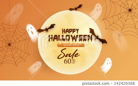 Happy Halloween sale banner special offer 60% off with spooky ghosts, flying bats, spider webs and full moon on orange background. Vector illustration template. Happy Halloween sale banner special offer 60% off with spooky ghosts, flying bats, spider webs and full moon on orange background. Vector illustration template. 142420388