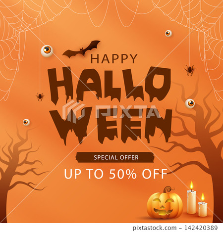 Happy Halloween sale banner special offer up to 50% off with spooky pumpkin, flying bat, spider webs, candles and eerie trees on orange background vector illustration template. Happy Halloween sale banner special offer up to 50% off with spooky pumpkin, flying bat, spider webs, candles and eerie trees on orange background vector illustration template. 142420389