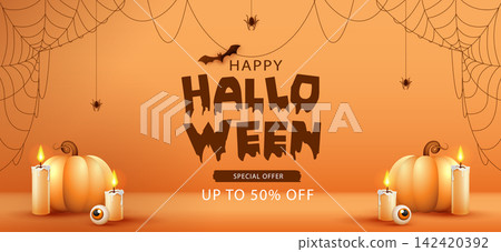 Happy Halloween sale banner special offer up to 50% off with spooky pumpkins, flying bats, spider webs, candles and eerie eyes on orange background vector illustration template. Happy Halloween sale banner special offer up to 50% off with spooky pumpkins, flying bats, spider webs, candles and eerie eyes on orange background vector illustration template. 142420392