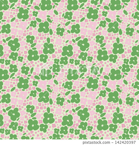 Seamless pattern with small green and pink flowers on light background, cute hand drawn floral vector print for fabric, textile, wallpaper, wrapping paper, fashion apparel, and surface design. Seamless pattern with small green and pink flowers on light background, cute hand drawn floral vector print for fabric, textile, wallpaper, wrapping paper, fashion apparel, and surface design. 142420397