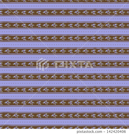 Seamless pattern with small purple floral stripes and dots on brown background, cute hand drawn botanical vector print for fabric, textile, wallpaper, wrapping paper, and surface design decoration. Seamless pattern with small purple floral stripes and dots on brown background, cute hand drawn botanical vector print for fabric, textile, wallpaper, wrapping paper, and surface design decoration. 142420406