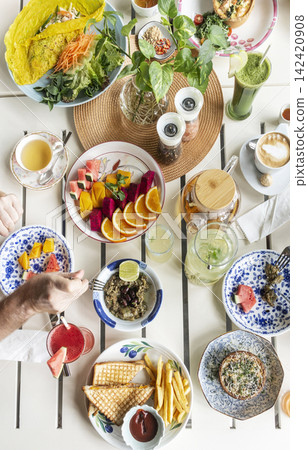 healthy food brunch meal on restaurant table outdoors healthy food brunch meal on restaurant table outdoors 142420908