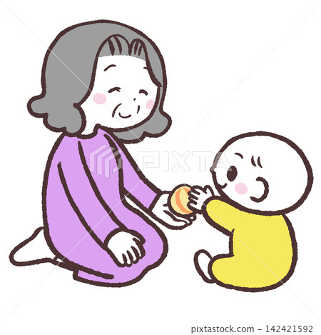 一幅插圖,描繪的是一個嬰兒將球遞給一位老婦人。 一幅插圖,描繪的是一個嬰兒將球遞給一位老婦人。 142421592