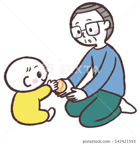 一幅插圖，描繪的是一個嬰兒將球遞給一位老人。 142421593