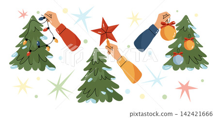 Hands decorating Christmas tree collection vector set Hands decorating Christmas tree collection vector set 142421666