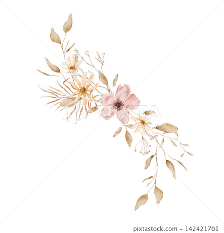 Hand painted watercolor diagonal composition with dusty pink poppy flower, cream daisies, dried beige leaves, small seed pods and thin twigs in warm terracotta tan palette isolated on white background Hand painted watercolor diagonal composition with dusty pink poppy flower, cream daisies, dried beige leaves, small seed pods and thin twigs in warm terracotta tan palette isolated on white background 142421701