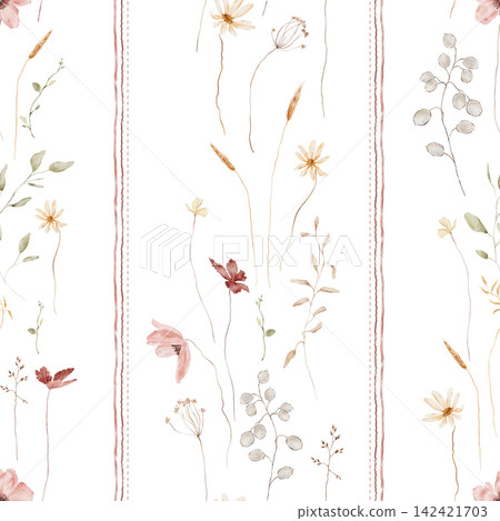 Watercolor Botanical Vertical Striped Seamless Pattern with Daisies, Wheat, Lunaria Pods and Wildflowers with Decorative Dashed Borders on White Background. Muted pastel colour Scandinavian or boho Watercolor Botanical Vertical Striped Seamless Pattern with Daisies, Wheat, Lunaria Pods and Wildflowers with Decorative Dashed Borders on White Background. Muted pastel colour Scandinavian or boho 142421703