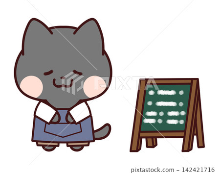 一塊黑板和一個穿著圍裙、鞠躬的黑貓。 一塊黑板和一個穿著圍裙、鞠躬的黑貓。 142421716