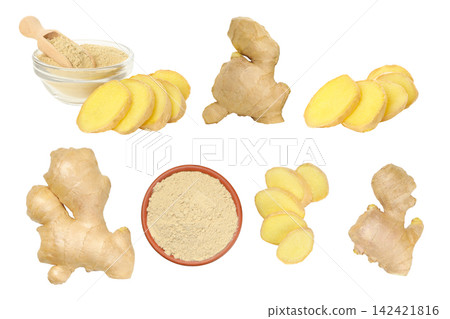 Ginger. Ginger roots and powder displayed artfully on clean surface, PNG Ginger. Ginger roots and powder displayed artfully on clean surface, PNG 142421816