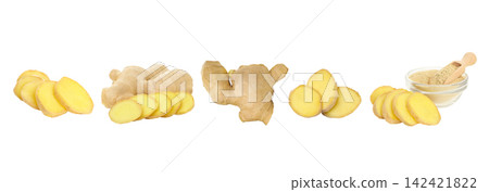 Ginger. Ginger root and slices displayed alongside ginger powder in a bowl, PNG Ginger. Ginger root and slices displayed alongside ginger powder in a bowl, PNG 142421822
