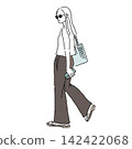 Summer outfit featuring a sleeveless top and flared pants, illustration of a woman carrying a basket tote bag. 142422068