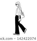 A monochrome line drawing of a woman in a sleeveless top and flared pants, summer fashion. 142422074