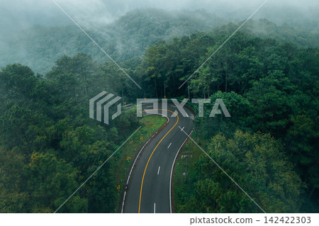 Atmospheric view of a winding road with yellow warning signs cutting through a dense misty pine forest on the scenic Chiang Mai to Pai route in Northern Thailand. Atmospheric view of a winding road with yellow warning signs cutting through a dense misty pine forest on the scenic Chiang Mai to Pai route in Northern Thailand. 142422303