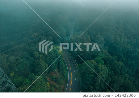 Atmospheric view of a winding road with yellow warning signs cutting through a dense misty pine forest on the scenic Chiang Mai to Pai route in Northern Thailand. Atmospheric view of a winding road with yellow warning signs cutting through a dense misty pine forest on the scenic Chiang Mai to Pai route in Northern Thailand. 142422306