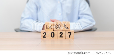 Happy New Year 2027 block for Contact Us concepts. Wood block of Email, call Phone and Website Address sign. For Customer support hotline, business Marketing, Corporate, communication and Advertising Happy New Year 2027 block for Contact Us concepts. Wood block of Email, call Phone and Website Address sign. For Customer support hotline, business Marketing, Corporate, communication and Advertising 142422389