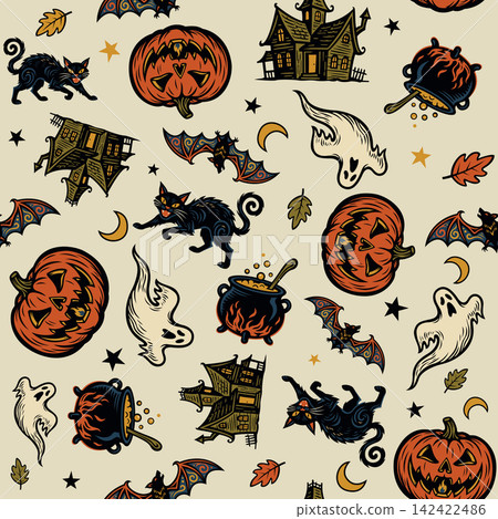Halloween elements seamless pattern on beige background square template Halloween elements seamless pattern on beige background square template 142422486