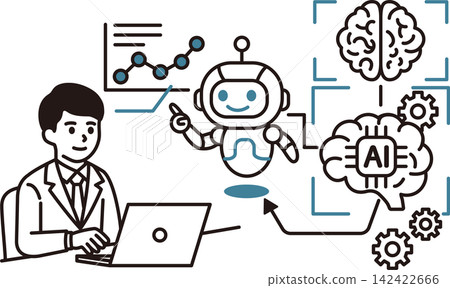 An image illustration depicting a man and an AI robot, a computer, business, artificial intelligence, and chat. 142422666