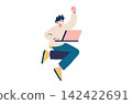 Flat vector illustration of a young man energetically jumping with a laptop in his hand. 142422691