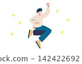 A flat vector illustration of a young man energetically jumping amongst sparkling stars. 142422692