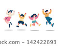 A flat vector illustration (with shadows) of four children jumping energetically. 142422693