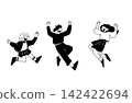 A monochrome vector illustration of three young people/students jumping energetically. 142422694