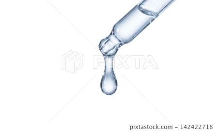 Clear glass pipette holding single heavy water drop falling downward against pure white background isolating transparent liquid cosmetic serum perfectly for commercial medical layouts Clear glass pipette holding single heavy water drop falling downward against pure white background isolating transparent liquid cosmetic serum perfectly for commercial medical layouts 142422718