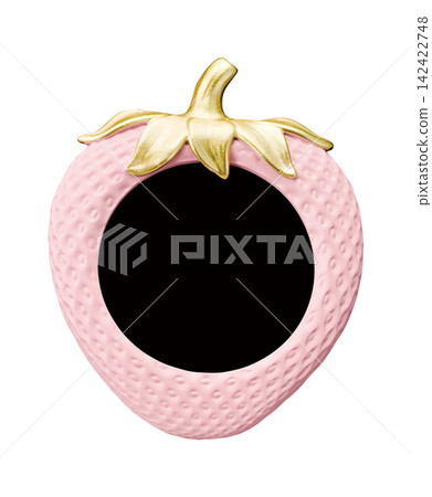 Pink strawberry-shaped frame with a golden stem on a white background. Pink strawberry-shaped frame with a golden stem on a white background. 142422748