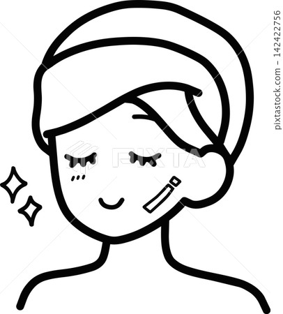 Illustration of a woman with a towel wrapped around her head - Simple line art icon for skincare and beauty. 142422756