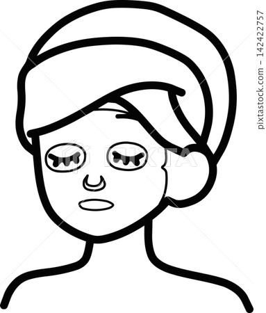 Illustration of a woman with a towel wrapped around her head applying a face mask; simple line art icon for face masks and skincare. Illustration of a woman with a towel wrapped around her head applying a face mask; simple line art icon for face masks and skincare. 142422757