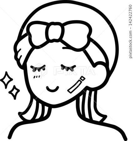 一位戴著髮帶和絲帶、頭髮披散的女性的插圖,簡單的護膚圖標,線條藝術。 一位戴著髮帶和絲帶、頭髮披散的女性的插圖,簡單的護膚圖標,線條藝術。 142422760