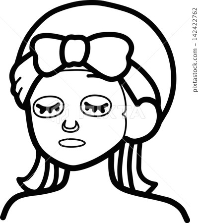 Illustration of a woman with a ribbon-adorned headband applying a face mask; simple icon for face mask/skincare. Illustration of a woman with a ribbon-adorned headband applying a face mask; simple icon for face mask/skincare. 142422762