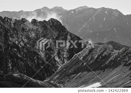 黑白照片:從劍禦前眺望劍山和北阿爾卑斯山的壯麗景色。 黑白照片:從劍禦前眺望劍山和北阿爾卑斯山的壯麗景色。 142422869