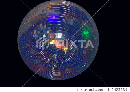 Night dance club. Shiny disco ball, lighting colored ceiling Night dance club. Shiny disco ball, lighting colored ceiling 142423384