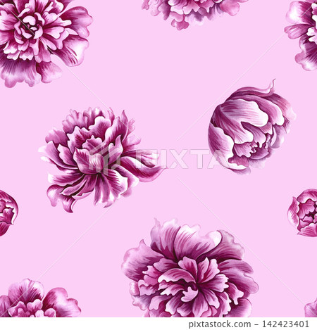 Seamless pattern with pink peonies. A hand drawn watercolor illustration. Against a pink background. Ideal for textiles, tablecloths and curtains, wallpaper, wrapping paper, prints, and much more. 142423401
