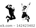 Black and white vector illustration of middle and high school students in school uniforms and sailor suits energetically jumping. 142423402