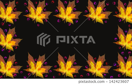 Dark frame with autumn maple leaves and pink drops Dark frame with autumn maple leaves and pink drops 142423607