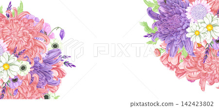 Hand drawn watercolor chrysanthemum flowers bouquet with green leaves banner frame border. Illustration isolated on white background. Can be used for banner, label and other printed products 142423802