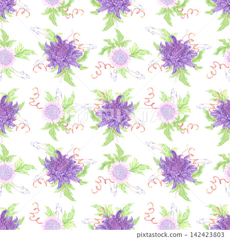Hand drawn watercolor purple and pink chrysanthemum blossom with green leaves and beads seamless pattern isolated on white background. Can be used for textile, fabric scrapbook and other printed Hand drawn watercolor purple and pink chrysanthemum blossom with green leaves and beads seamless pattern isolated on white background. Can be used for textile, fabric scrapbook and other printed 142423803