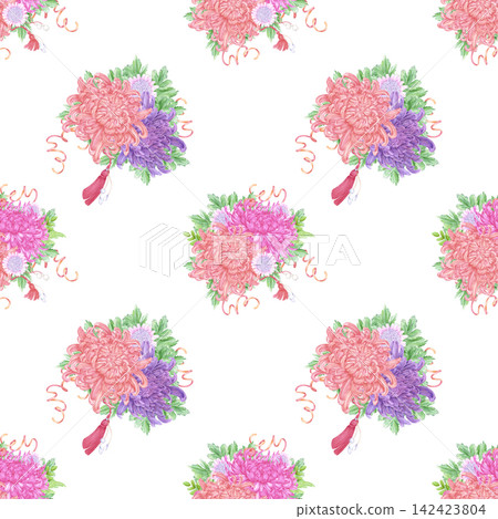 Hand drawn watercolor chrysanthemums bouquet with green leaves ribbons and pearls seamless pattern isolated on white background. Can be used for textile, fabric scrapbook and other printed products 142423804