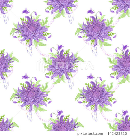 Hand drawn watercolor purple chrysanthemums with columbian flowers and pearls seamless pattern isolated on white background. Can be used for textile, fabric scrapbook and other printed products Hand drawn watercolor purple chrysanthemums with columbian flowers and pearls seamless pattern isolated on white background. Can be used for textile, fabric scrapbook and other printed products 142423810