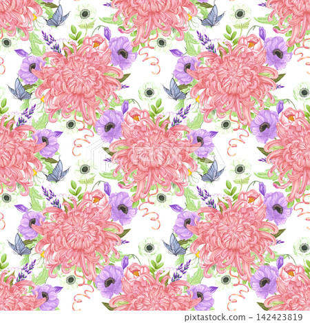 Hand drawn watercolor peach chrysanthemum and wild flowers seamless pattern with green leaves ribbons and pearls isolated on white background. Can be used for textile, fabric scrapbook and other Hand drawn watercolor peach chrysanthemum and wild flowers seamless pattern with green leaves ribbons and pearls isolated on white background. Can be used for textile, fabric scrapbook and other 142423819
