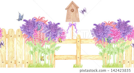 Hand drawn watercolor garden with chrysanthemums and bird house seamless frame border. Illustration of garden isolated on white background. Can be used for textile, scrapbook and other printed Hand drawn watercolor garden with chrysanthemums and bird house seamless frame border. Illustration of garden isolated on white background. Can be used for textile, scrapbook and other printed 142423835