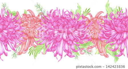Hand drawn watercolor chrysanthemums with green leaves seamless border. Illustration of flower bouquets isolated on white background. Can be used for textile, scrapbook and other printed products Hand drawn watercolor chrysanthemums with green leaves seamless border. Illustration of flower bouquets isolated on white background. Can be used for textile, scrapbook and other printed products 142423836
